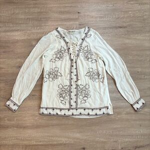 Idyllwind Women’s Embroidered Boho Blouse Lace Up Peasant Top Western Size XS